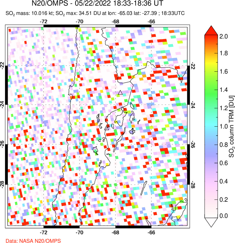 A sulfur dioxide image over Northern Chile on May 22, 2022.