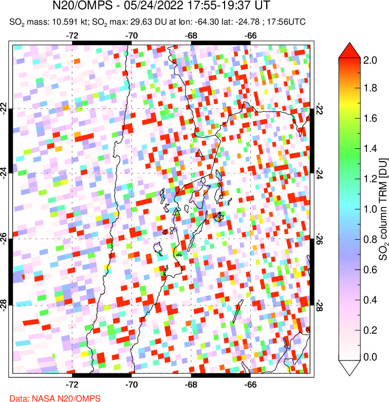 A sulfur dioxide image over Northern Chile on May 24, 2022.