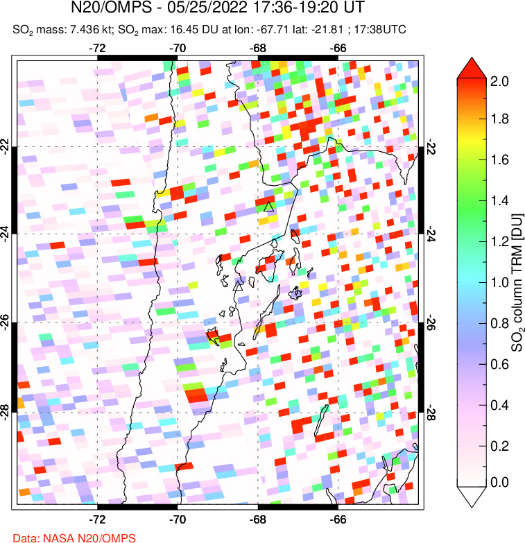 A sulfur dioxide image over Northern Chile on May 25, 2022.