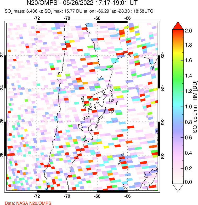 A sulfur dioxide image over Northern Chile on May 26, 2022.