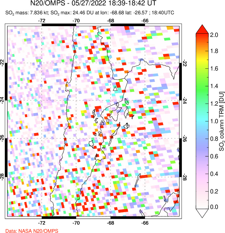 A sulfur dioxide image over Northern Chile on May 27, 2022.