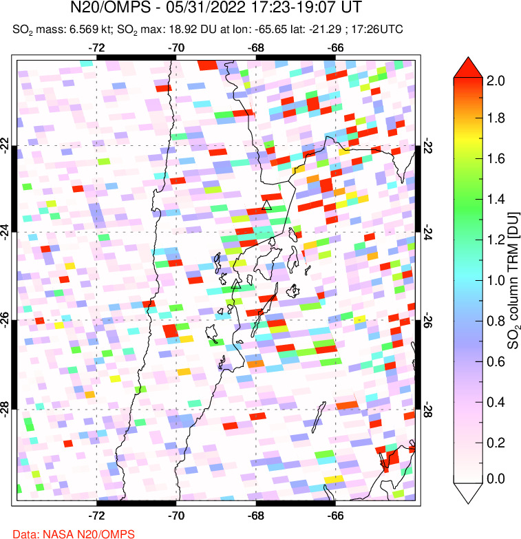 A sulfur dioxide image over Northern Chile on May 31, 2022.