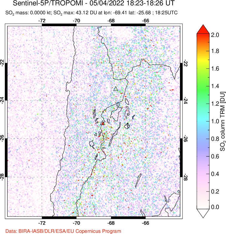 A sulfur dioxide image over Northern Chile on May 04, 2022.