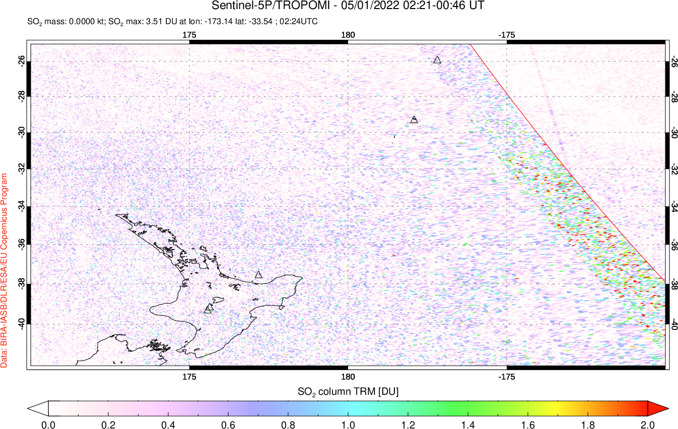 A sulfur dioxide image over New Zealand on May 01, 2022.