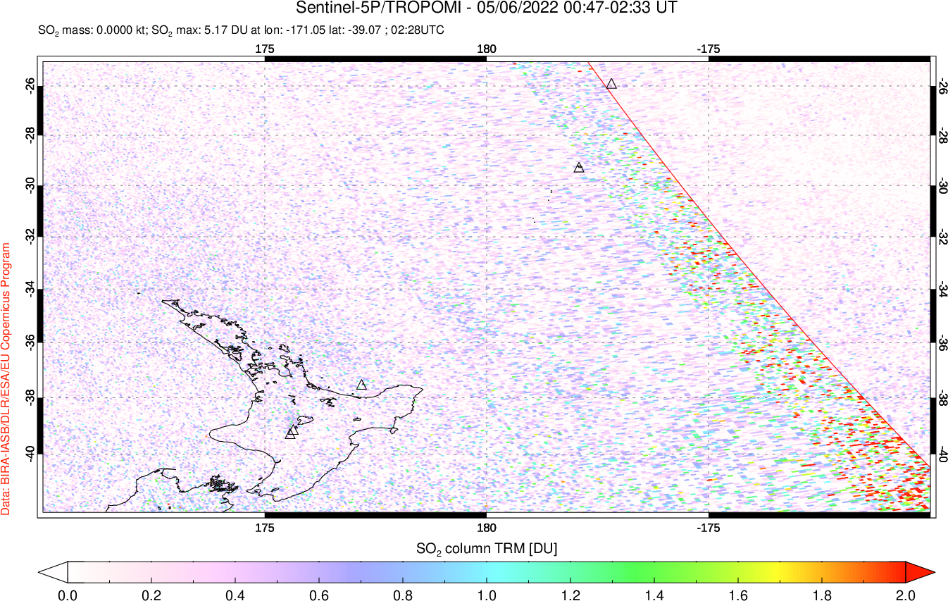 A sulfur dioxide image over New Zealand on May 06, 2022.