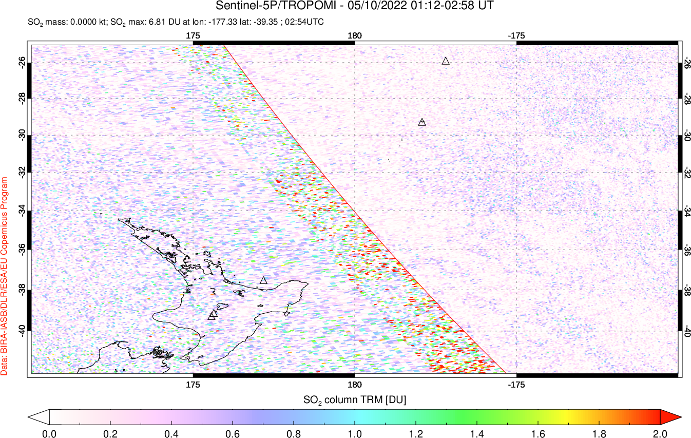 A sulfur dioxide image over New Zealand on May 10, 2022.