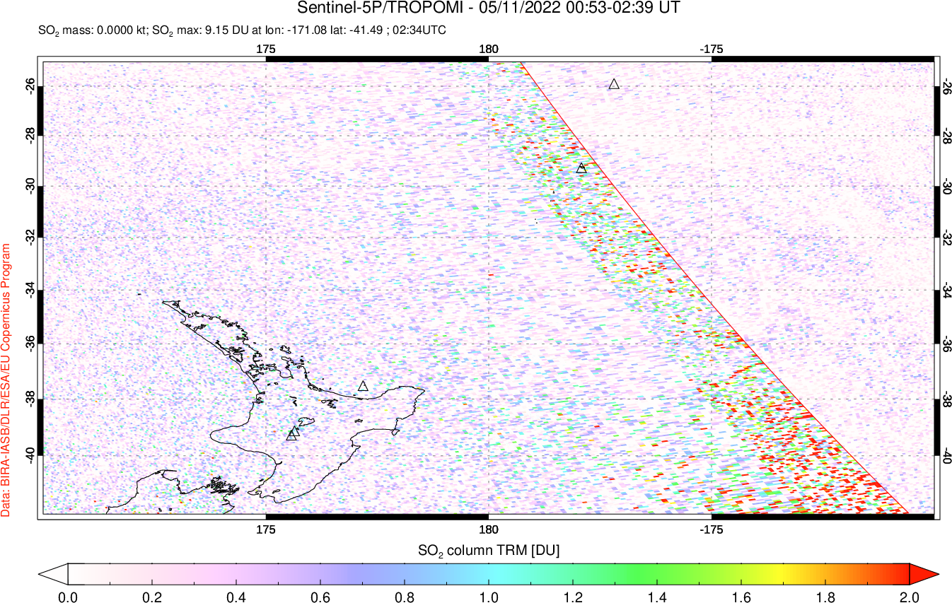 A sulfur dioxide image over New Zealand on May 11, 2022.