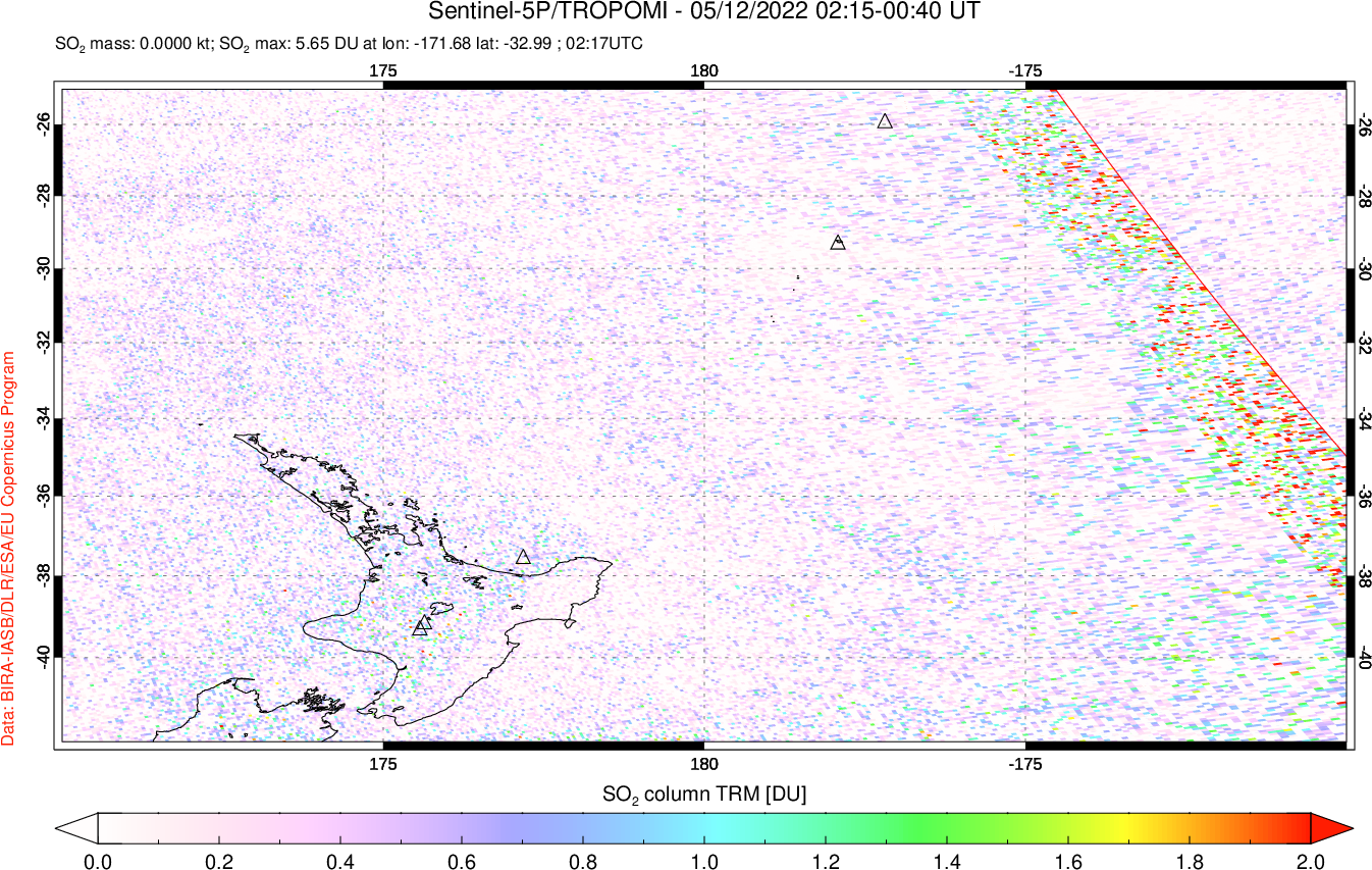 A sulfur dioxide image over New Zealand on May 12, 2022.