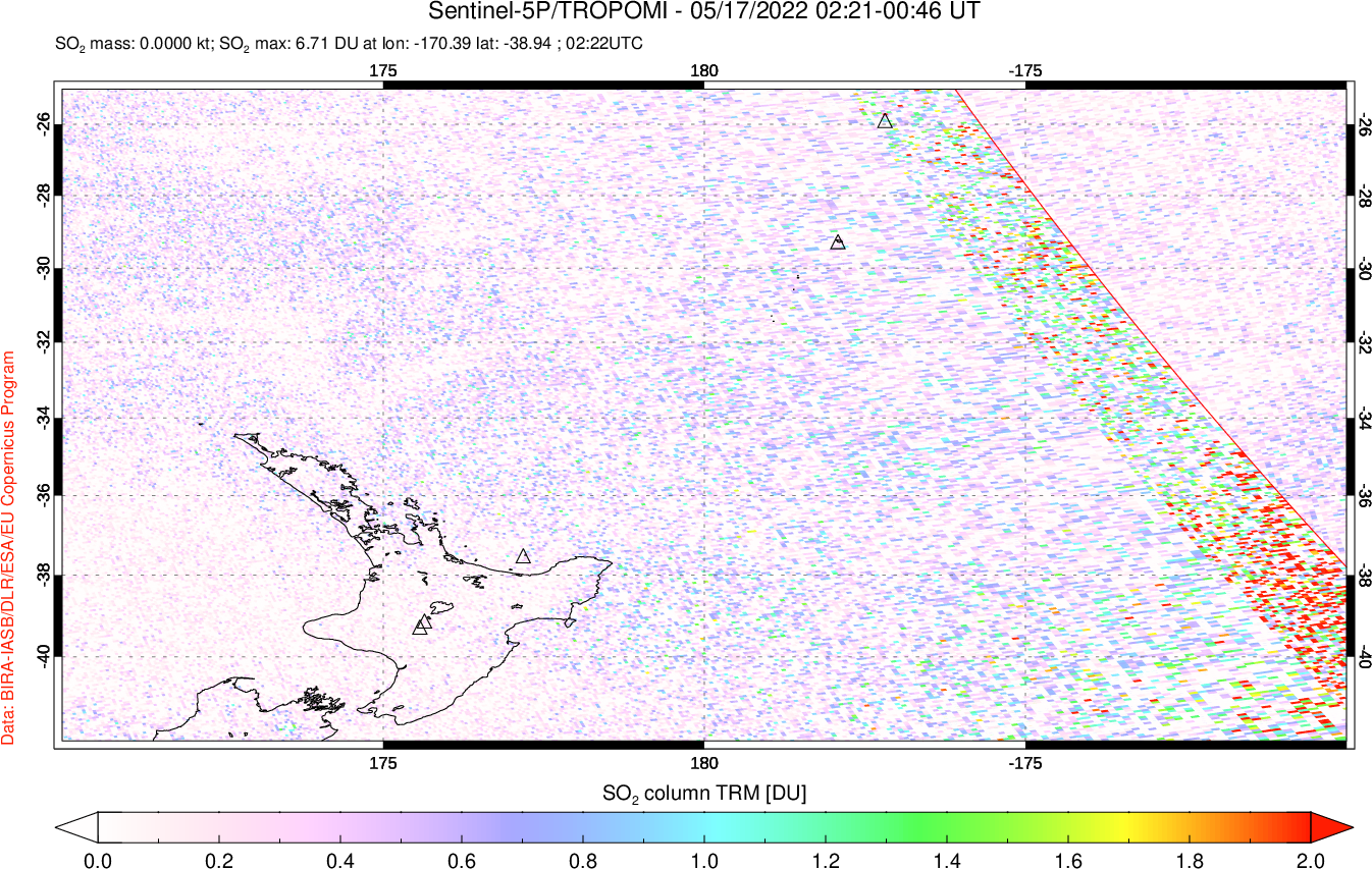 A sulfur dioxide image over New Zealand on May 17, 2022.