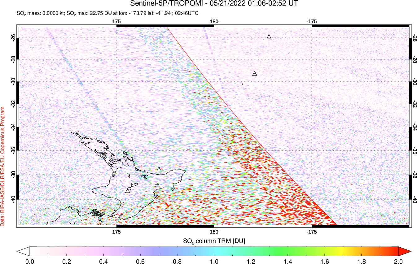 A sulfur dioxide image over New Zealand on May 21, 2022.