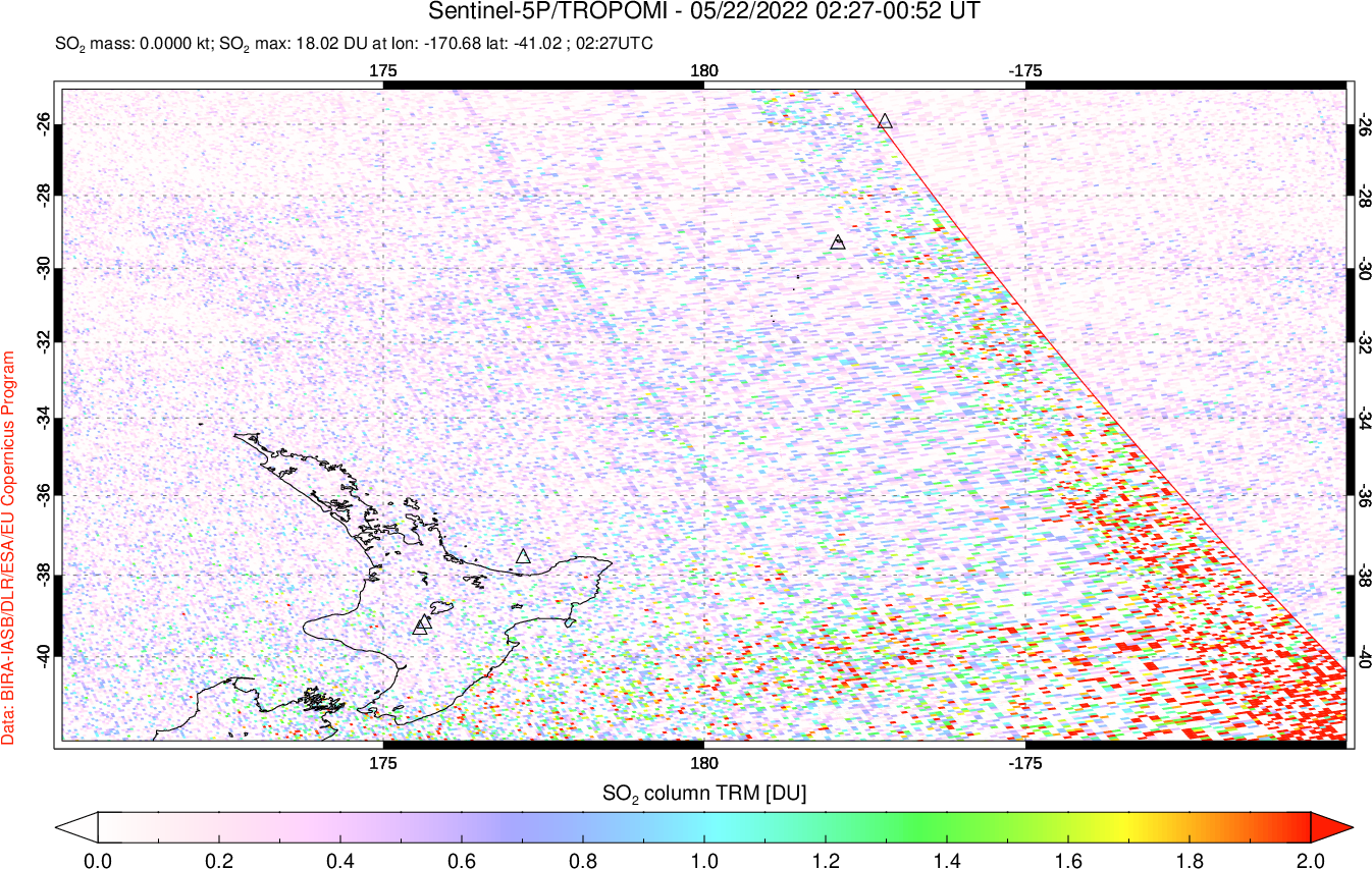 A sulfur dioxide image over New Zealand on May 22, 2022.