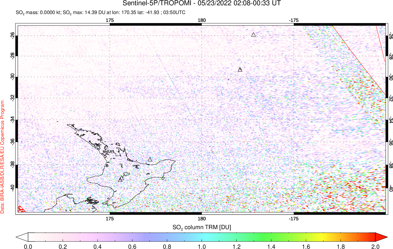 A sulfur dioxide image over New Zealand on May 23, 2022.