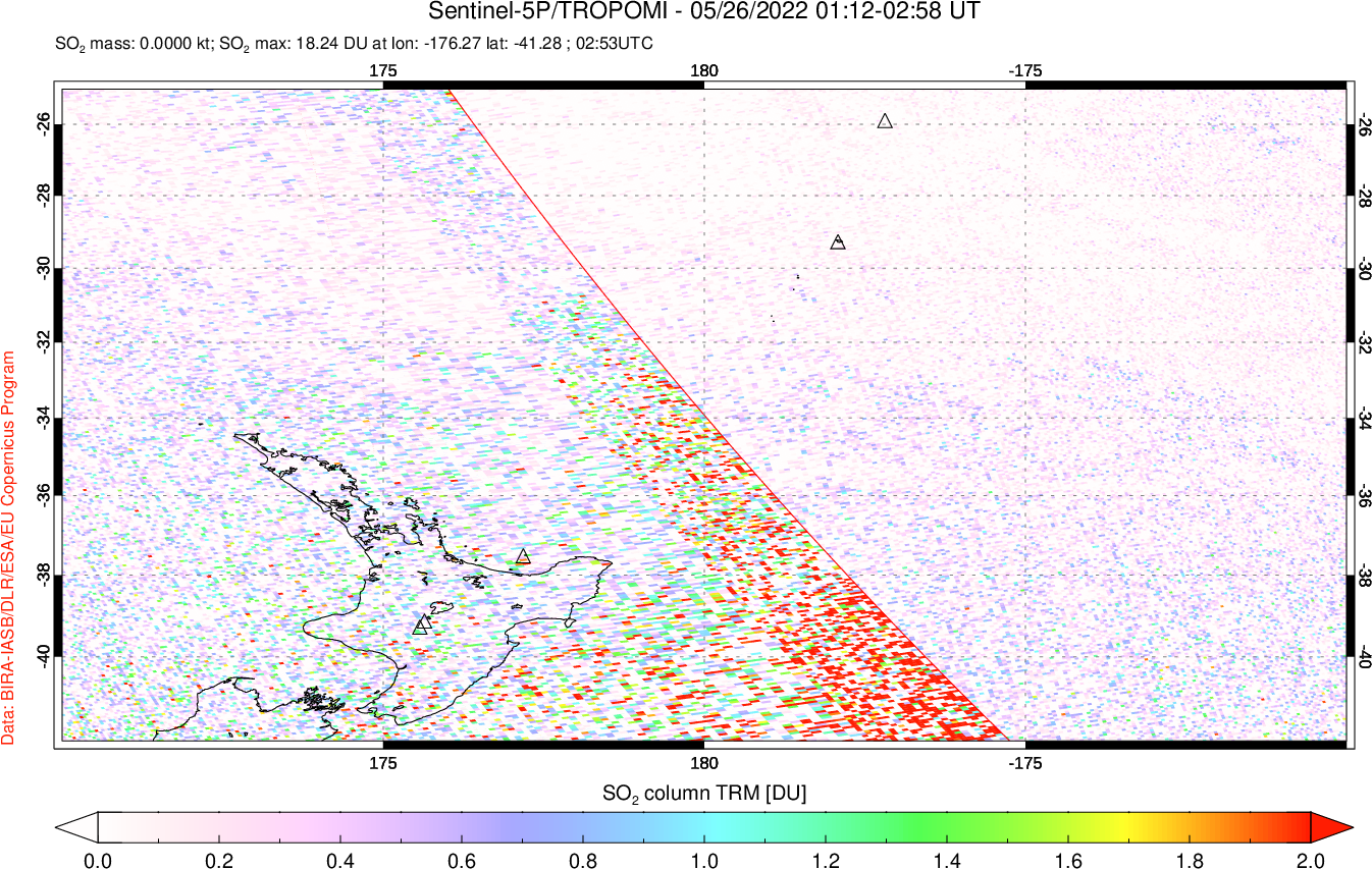 A sulfur dioxide image over New Zealand on May 26, 2022.