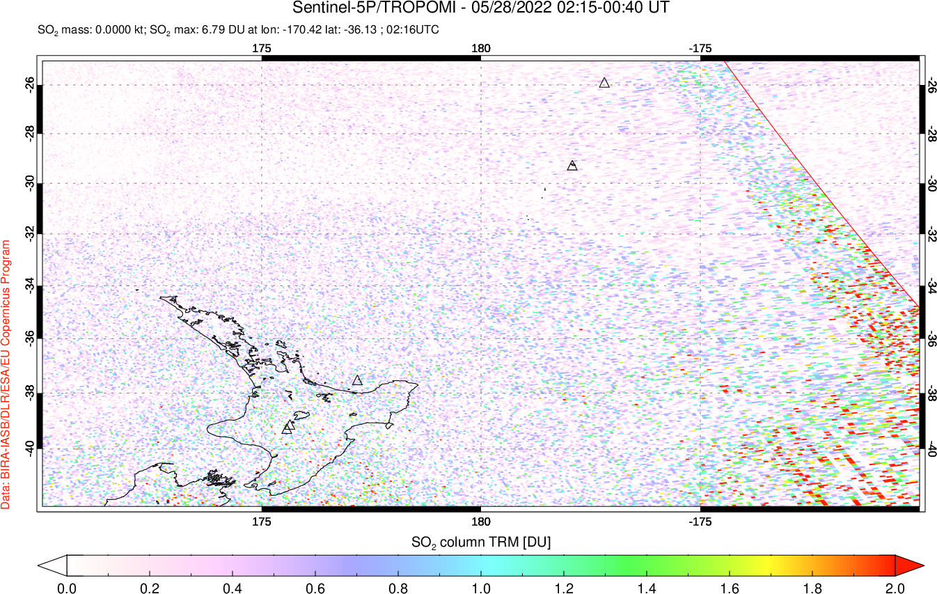 A sulfur dioxide image over New Zealand on May 28, 2022.