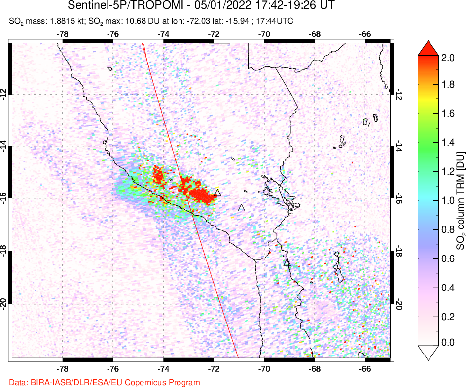 A sulfur dioxide image over Peru on May 01, 2022.
