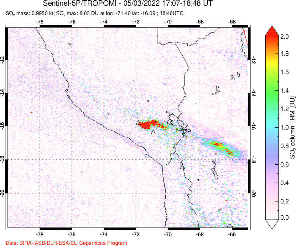 A sulfur dioxide image over Peru on May 03, 2022.