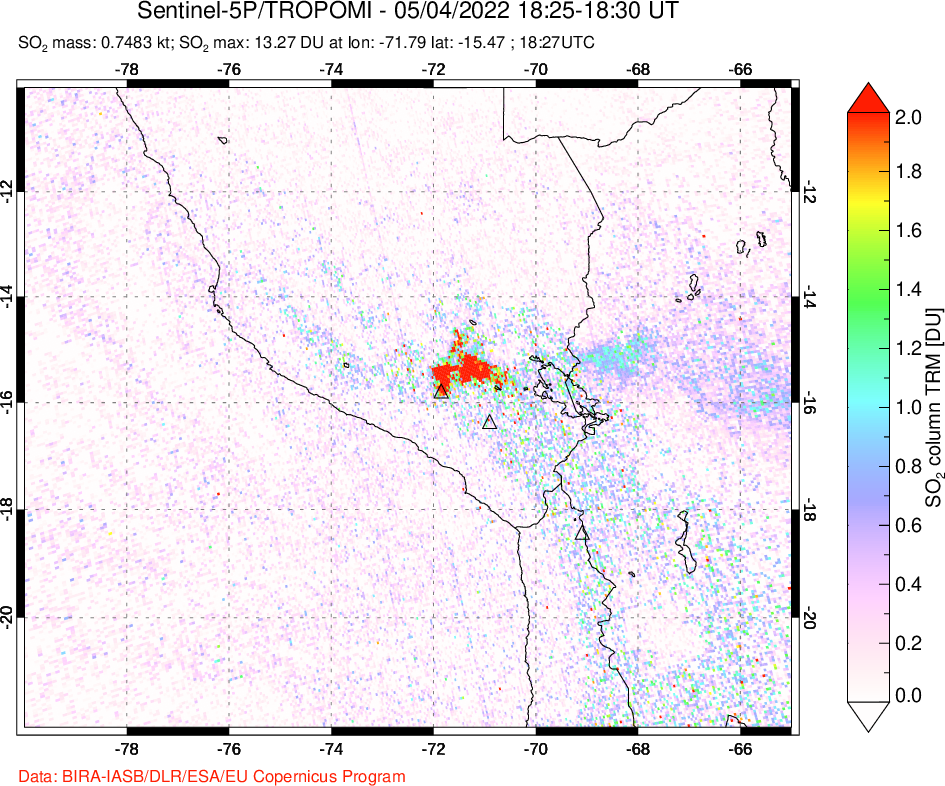 A sulfur dioxide image over Peru on May 04, 2022.