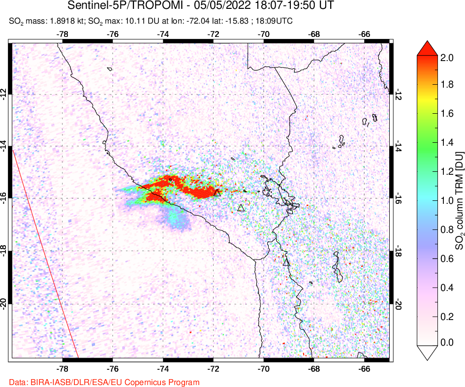 A sulfur dioxide image over Peru on May 05, 2022.