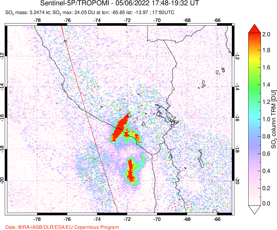 A sulfur dioxide image over Peru on May 06, 2022.