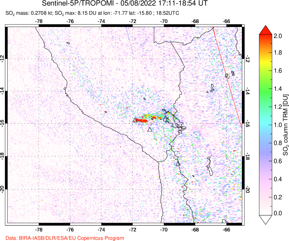 A sulfur dioxide image over Peru on May 08, 2022.
