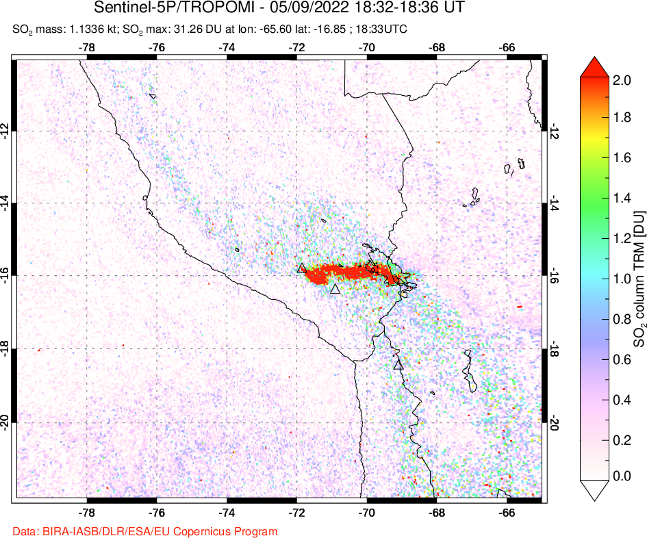 A sulfur dioxide image over Peru on May 09, 2022.