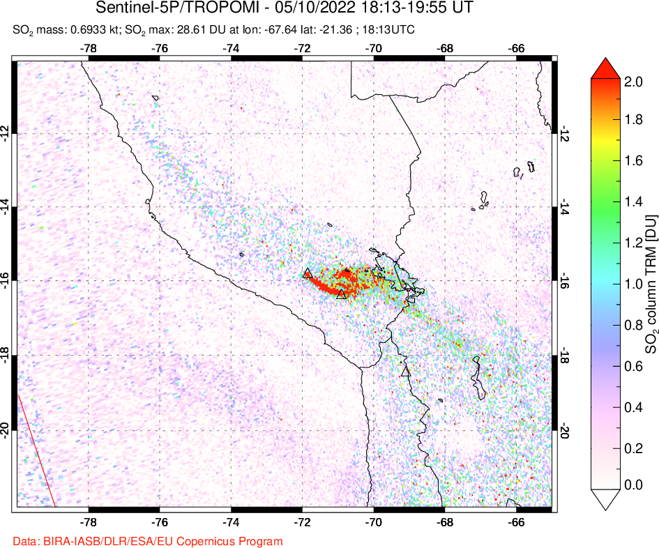 A sulfur dioxide image over Peru on May 10, 2022.