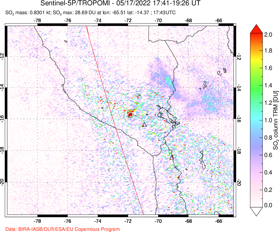 A sulfur dioxide image over Peru on May 17, 2022.