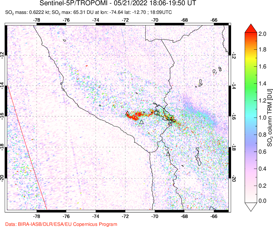 A sulfur dioxide image over Peru on May 21, 2022.