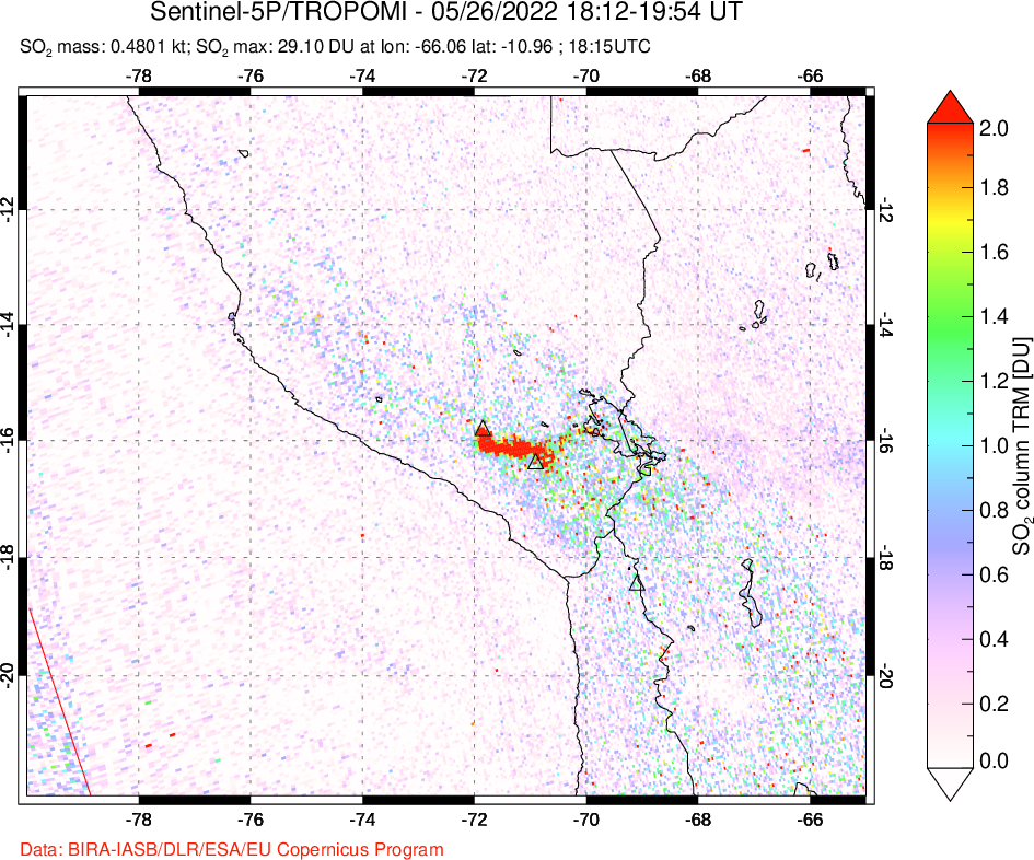 A sulfur dioxide image over Peru on May 26, 2022.