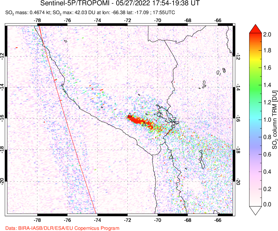 A sulfur dioxide image over Peru on May 27, 2022.