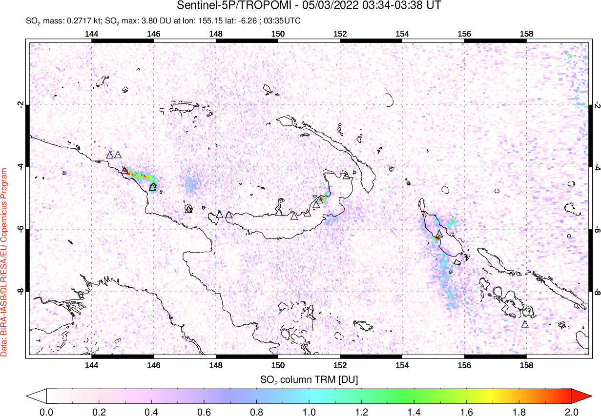 A sulfur dioxide image over Papua, New Guinea on May 03, 2022.