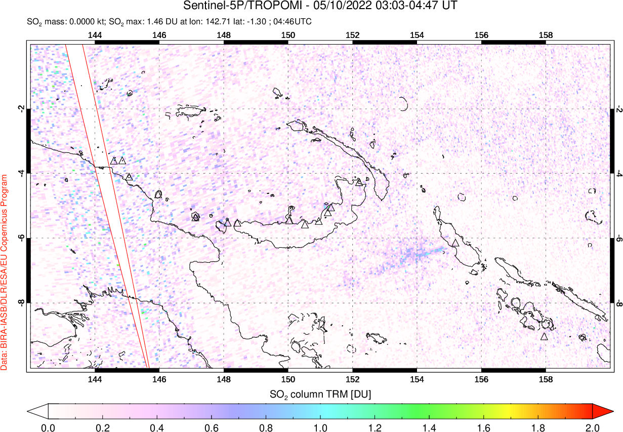 A sulfur dioxide image over Papua, New Guinea on May 10, 2022.