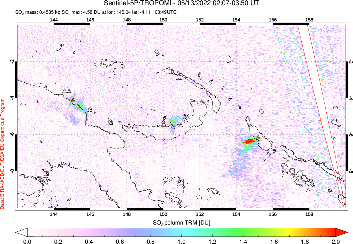 A sulfur dioxide image over Papua, New Guinea on May 13, 2022.