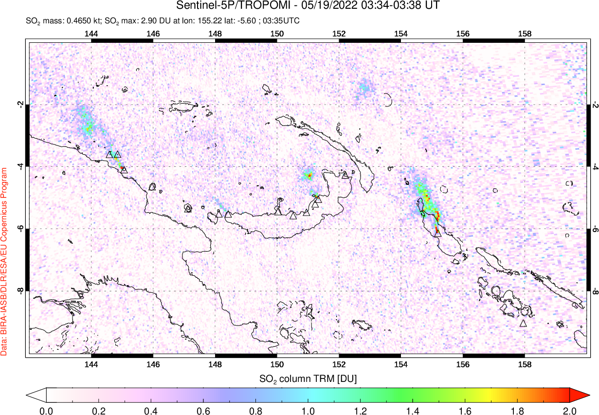 A sulfur dioxide image over Papua, New Guinea on May 19, 2022.
