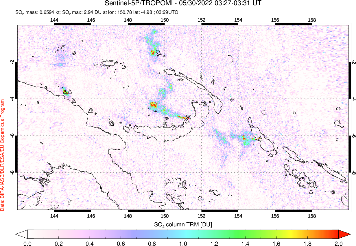 A sulfur dioxide image over Papua, New Guinea on May 30, 2022.