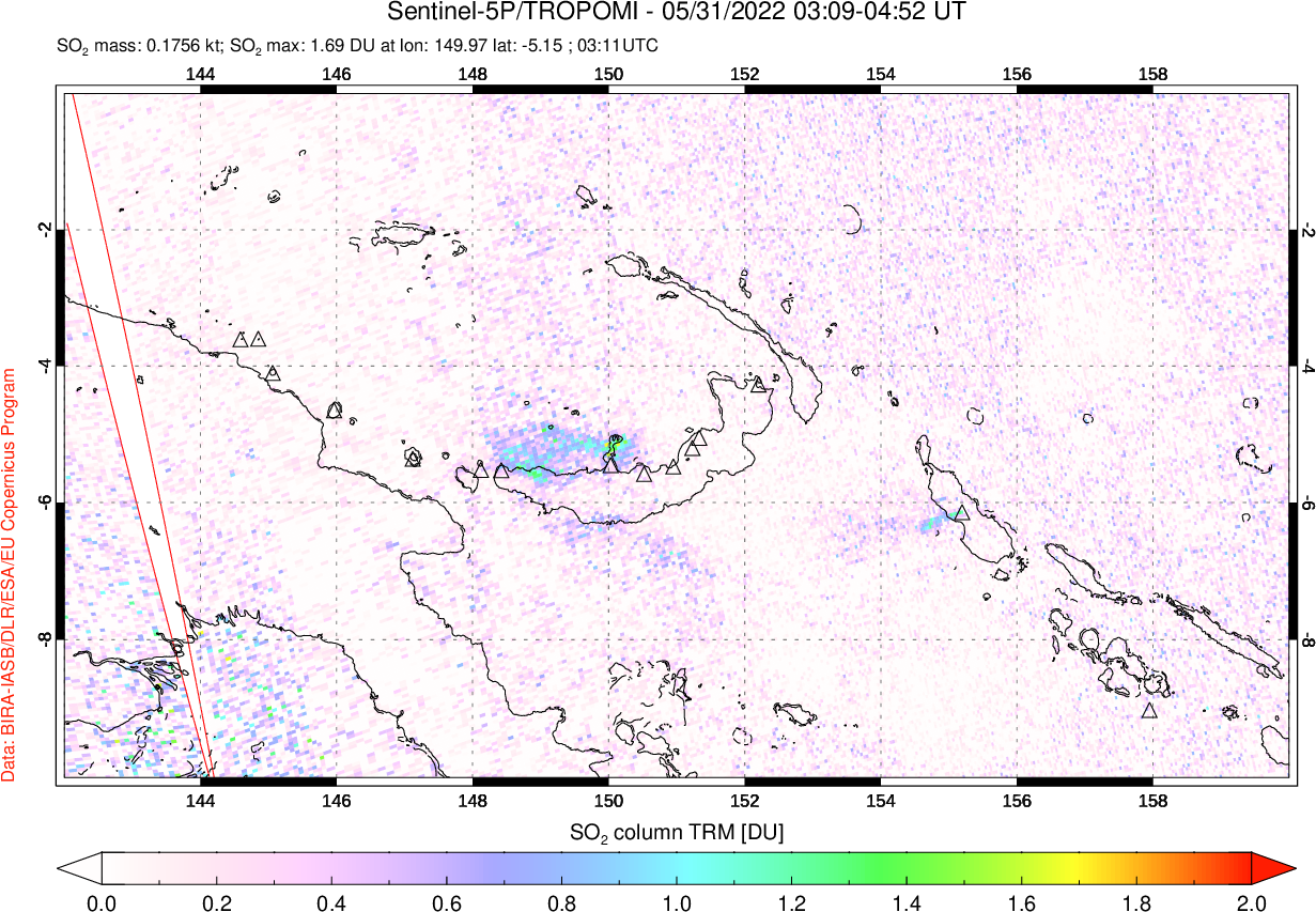 A sulfur dioxide image over Papua, New Guinea on May 31, 2022.