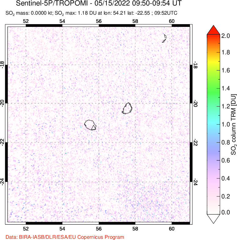 A sulfur dioxide image over Reunion Island, Indian Ocean on May 15, 2022.