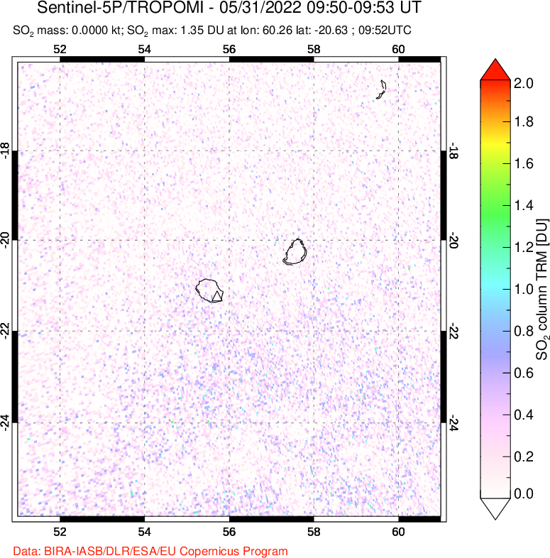 A sulfur dioxide image over Reunion Island, Indian Ocean on May 31, 2022.