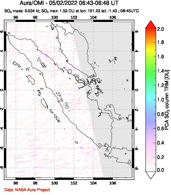 A sulfur dioxide image over Sumatra, Indonesia on May 02, 2022.