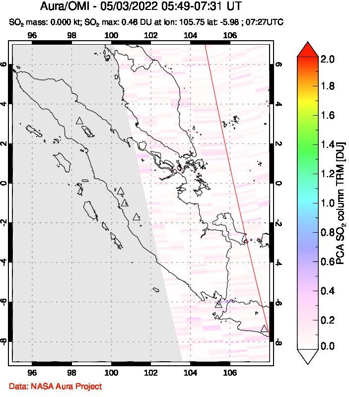 A sulfur dioxide image over Sumatra, Indonesia on May 03, 2022.
