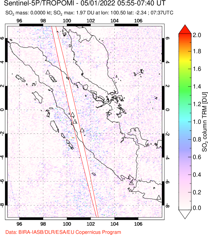A sulfur dioxide image over Sumatra, Indonesia on May 01, 2022.