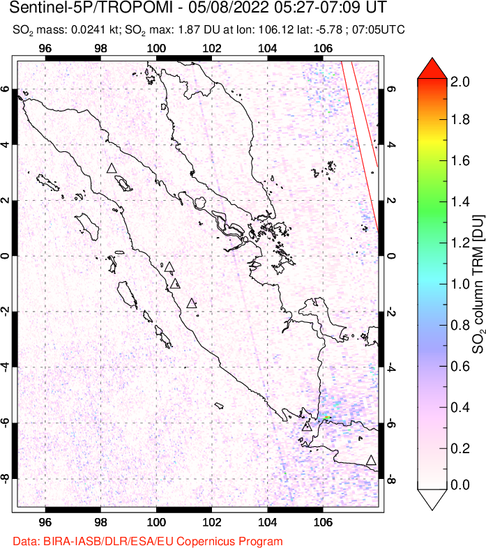 A sulfur dioxide image over Sumatra, Indonesia on May 08, 2022.