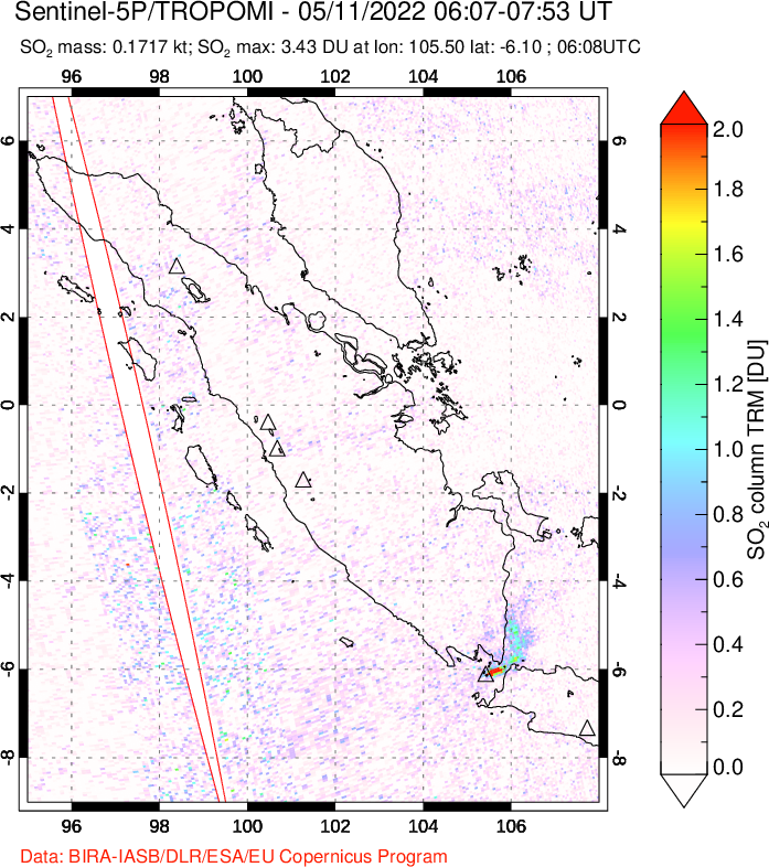 A sulfur dioxide image over Sumatra, Indonesia on May 11, 2022.