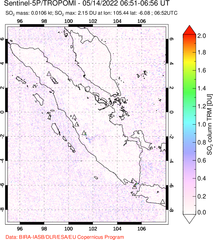 A sulfur dioxide image over Sumatra, Indonesia on May 14, 2022.