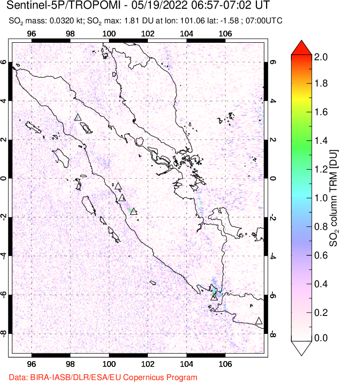 A sulfur dioxide image over Sumatra, Indonesia on May 19, 2022.