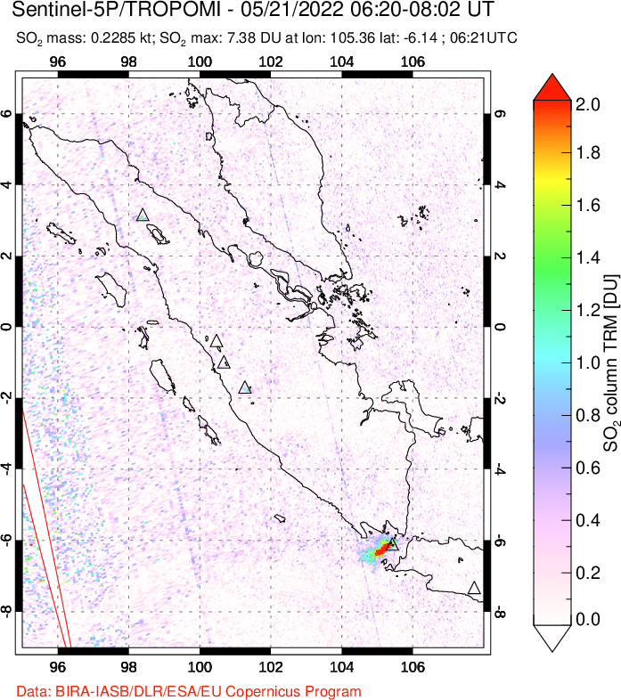 A sulfur dioxide image over Sumatra, Indonesia on May 21, 2022.