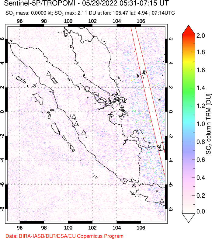 A sulfur dioxide image over Sumatra, Indonesia on May 29, 2022.
