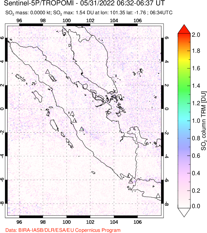 A sulfur dioxide image over Sumatra, Indonesia on May 31, 2022.