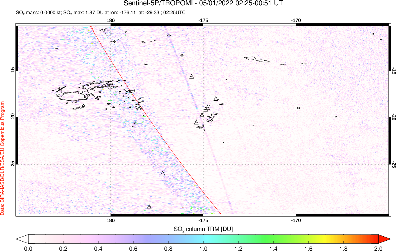 A sulfur dioxide image over Tonga, South Pacific on May 01, 2022.