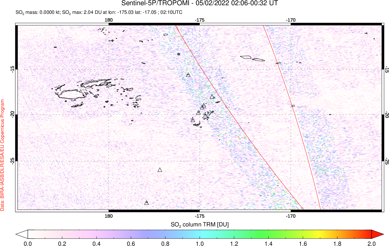 A sulfur dioxide image over Tonga, South Pacific on May 02, 2022.